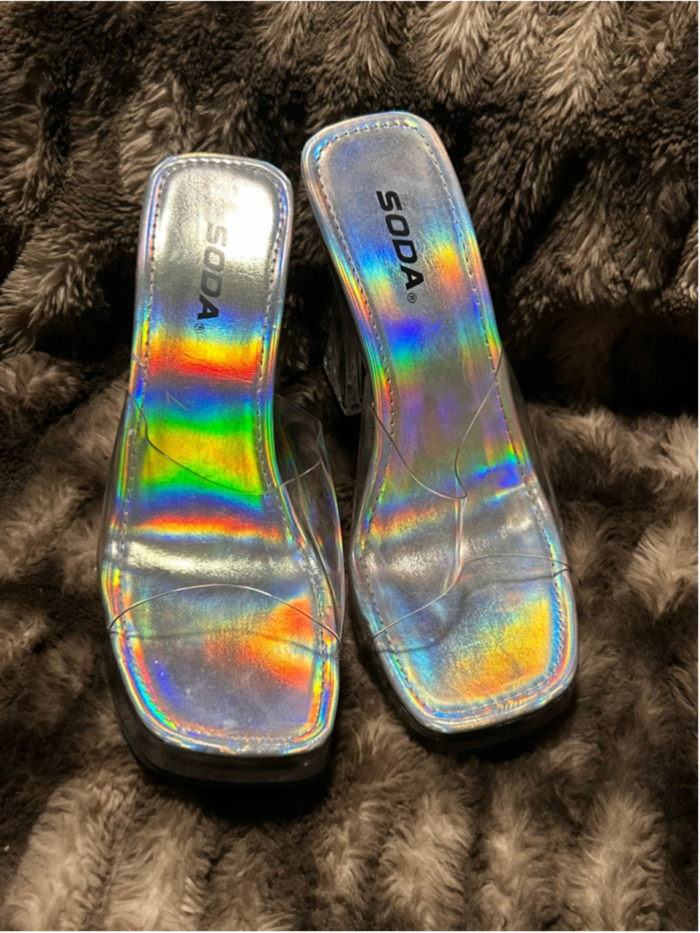 Women's SODA Holographic Clear Platform Heels Size 9 Silver